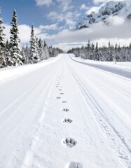 Fototapeta premium A pristine snow-covered road winds through a winter wonderland, showcasing clear animal tracks.