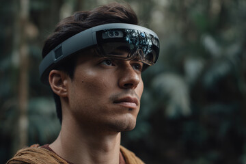 solitary trekker navigating through serene green forest utilizing augmented reality interface to enhance their