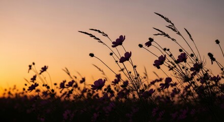 Obraz premium Silhouetted wildflowers at sunset in tranquil meadow
