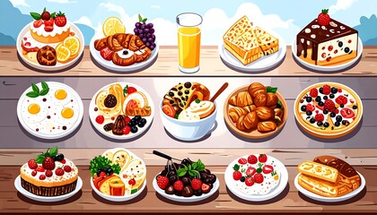 A colorful array of delicious breakfast foods displayed on various plates, showcasing a variety of sweet and savory options.