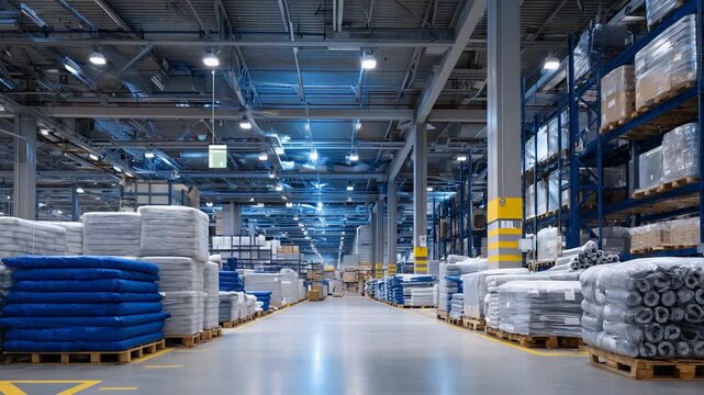 Explore a modern warehouse interior featuring organized rows of drywall, insulation, and pipes under a cool industrial glow from fluorescent lights.