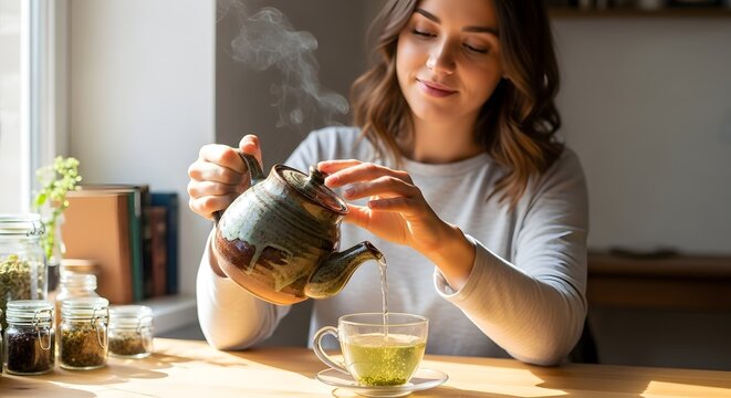 Woman pouring hot tea from teapot into glass cup on transparent background