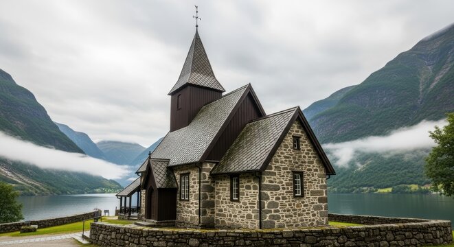 Scenic norwegian church by fjord with majestic mountains and cloudy sky