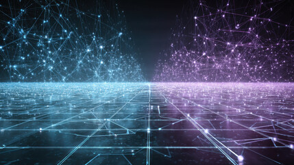 Obraz premium Digital landscape featuring interconnected lines and nodes, creating futuristic network. scene is illuminated with blue and purple hues, evoking sense of technology and innovation
