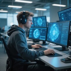 Confident Young Male IT Specialist with Futuristic Holographic Data in High-Tech Office, Cybersecurity and AI Visualization, Ultra-Realistic Stock Photo