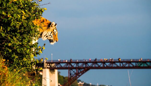 Tiger peering from foliage, bridge in background
