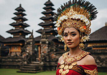 Balinese woman wears an elaborate traditional headdress and dress, embodying the cultural elegance and spirituality of Bali in a solemn setting