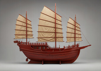 Chinese junk model in red lacquered wood. An icon of maritime history and trade, a symbol of ancient travel and discovery