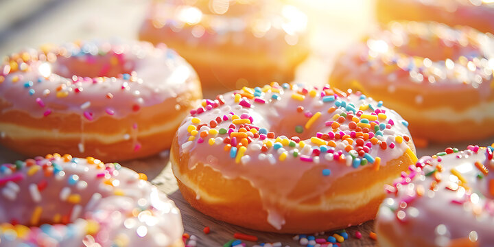 Close-up of glazed donuts with colorful sprinkles, warm bright light, sweet cheerful appetizing mood