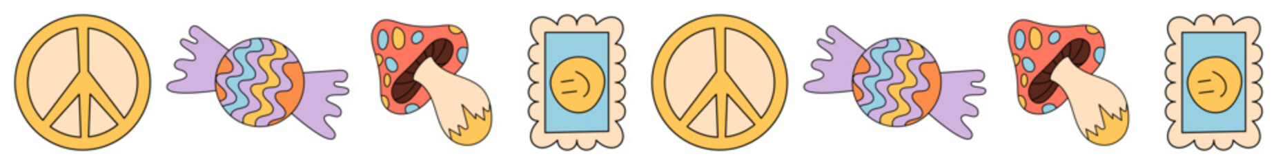 Groovy retro seamless border with wavy hand motif and colorful psychedelic elements pattern. Funky 70s pattern creates a y2k art look as graphic wave art, perfect for modern and creative backgrounds