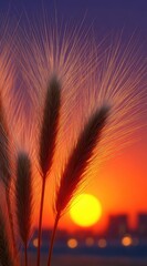 Close-up view of grasses at sunset, showcasing vibrant colors and a soft focus on the background cityscape.