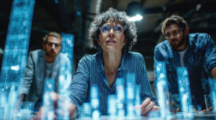 Innovative team collaborating on data analysis, focusing on digital graphs and statistics. atmosphere is dynamic and engaging, showcasing teamwork and technology in modern workspace