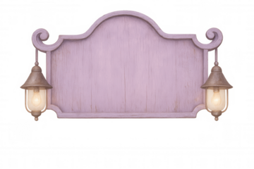 Wooden signboard painted in purple watercolor, adorned with hanging lanterns against transparent backdrop, radiating welcoming vintage charm