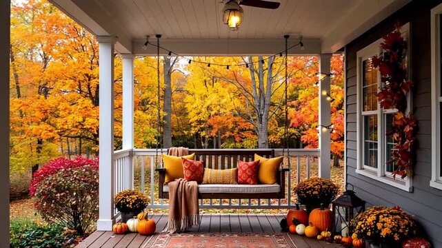 Cozy autumn porch with pumpkins and colorful foliage in background  