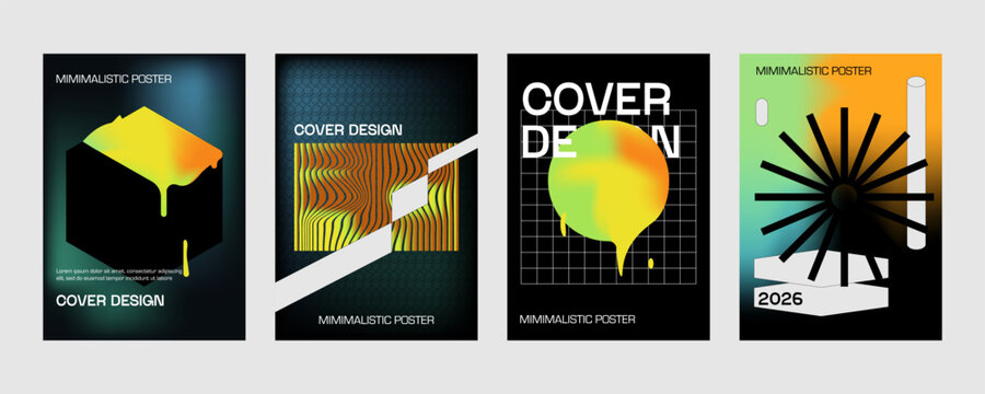 Posters with silhouette minimalistic basic figures, extraordinary graphic assets of geometrical shapes. Modern minimal print brutalist.