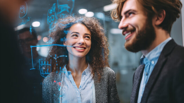 Two professionals engaged collaborative discussion, smiling and brainstorming ideas modern office environment. atmosphere is creative and inspiring, with glass board filled with sketches and notes - Powered by Adobe