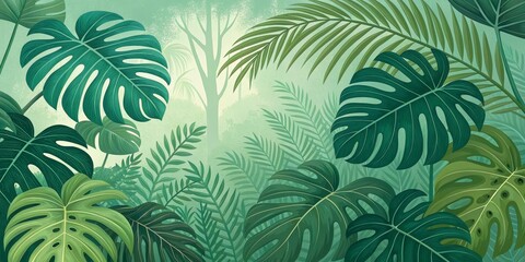 Lush Tropical Rainforest Digital Painting Monstera Leaves, Palm Fronds, Green Fog, Digital Illustration,Nature Background, Jungle Scene Tropical Plants, Rainforest Art