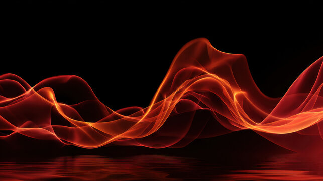 Ethereal red and orange waves gracefully flow against black background, creating mesmerizing visual effect. smooth curves evoke sense of warmth and energy, resembling flames or flowing liquid