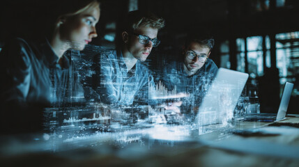 Innovative professionals collaborate on digital project, analyzing data and trends on laptops. atmosphere is focused and dynamic, showcasing teamwork in modern workspace