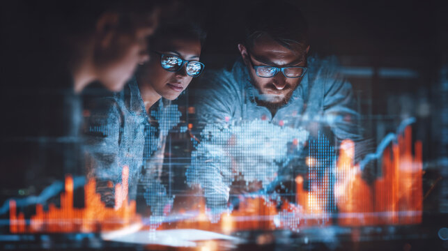 Data analysis team collaborating financial graphs and charts, showcasing modern technology and teamwork. atmosphere is focused and dynamic, highlighting innovation data driven decision making