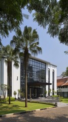 A modern, minimalist building entrance, highlighted by lush tropical landscaping and a bright blue sky, features a spacious, glass-fronted facade.
