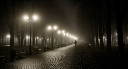 Solitary walk in foggy park with glowing streetlights at night