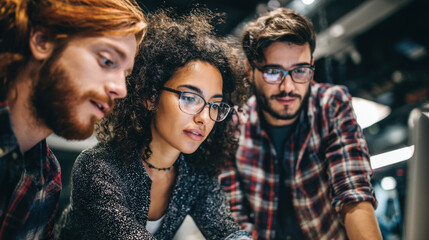 Collaborative teamwork in modern office setting showcases three individuals engaged in discussion. They are focused on digital device, displaying expressions of concentration and curiosity