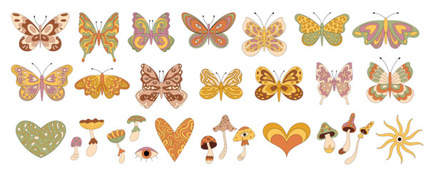 Fototapeta premium Groovy butterfly, mushroom and heart collection in retro cartoon graphic style set. Colorful sun, swirl and eye as groovy element set. Vintage y2k shapes, perfect for fun playful summer