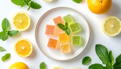 Vibrant citrus-flavored fruit jellies arranged on a plate, surrounded by sliced lemons and oranges, and fresh mint leaves on a white background.