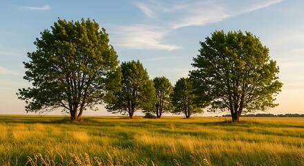 Obraz premium Trees in a field with a beautiful sky.