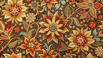 Traditional Indonesian batik fabric with intricate floral and geometric patterns in muted colors