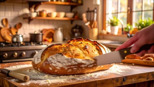 Artisan bread slicing in kitchen