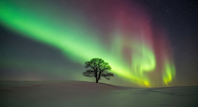Lone tree against aurora borealis in night sky over snowy landscape