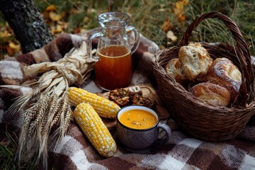 Autumn picnic with warm soup and fresh bread