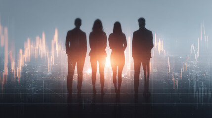 Silhouettes of four business professionals standing together against backdrop of city skyline and financial graphs, symbolizing teamwork and success in corporate world