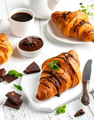 Freshly baked chocolate croissants, drizzled with rich chocolate sauce, alongside coffee and chocolate pieces, are displayed on a white wooden surface, creating a delightful breakfast scene.
