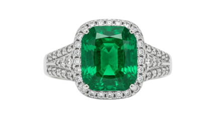 Elegant Green Gemstone Ring with Diamonds on White Background