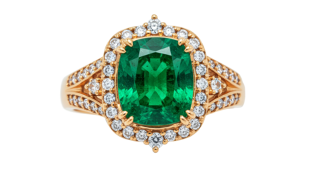Elegant Emerald Ring with White Diamonds and Gold Band on White Background