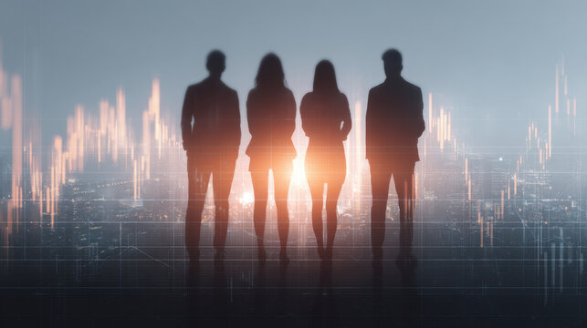 Silhouettes of four business professionals standing together against backdrop of city skyline and financial graphs, symbolizing teamwork and success in corporate world