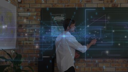 Educator drawing axis and activating digital overlay while sketching triangle graph for math lesson