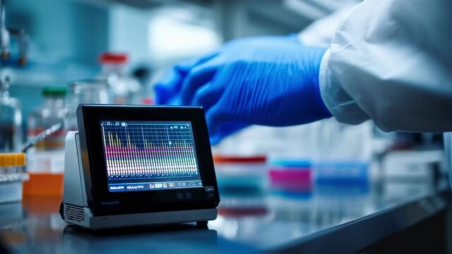 Medium shot of absorbance data displayed on a small screen of a microplate reader with the screen sharply detailed and the background lab setting blurred.