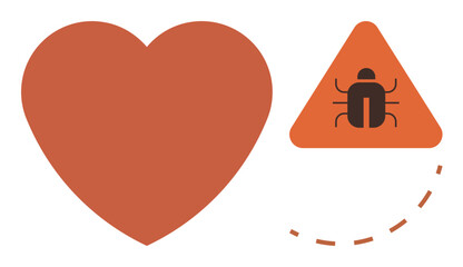 Heart icon next to a triangular bug caution sign, implying danger, vulnerability, or challenge. Ideal for health, security, relationships, protection safety awareness and risk concepts. Simplistic