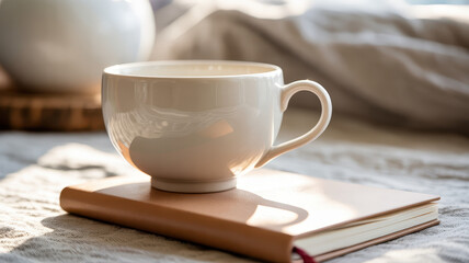White ceramic coffee cup resting on closed notebook in soft light