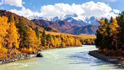 A breathtaking autumn landscape showcases a river flowing through a valley nestled amongst vibrant yellow and gold trees and rugged, snow-capped mountains.