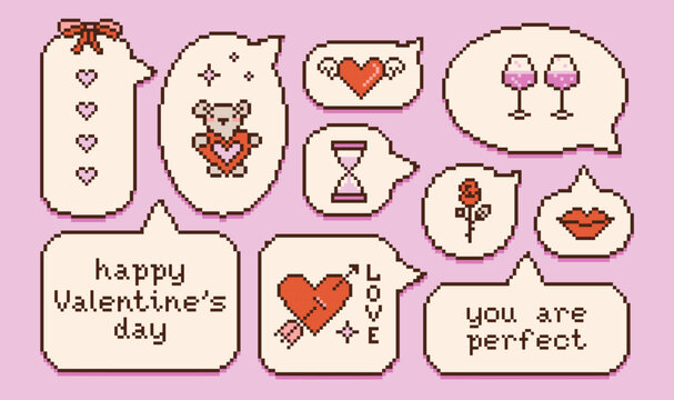 Set of pixel art dialogue boxs, hearts, wineglasses, teddy bear. Speech bubbles in the mood of 90s aesthetics. Vector 8-bit retro style illustration with greeting words