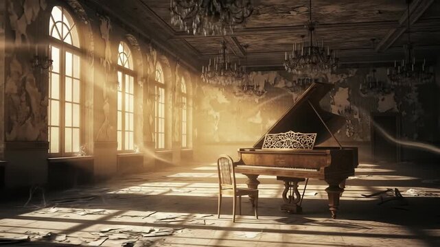 Solemn grand piano in ruined sunlit ballroom representing haunting memories and lost grandeur