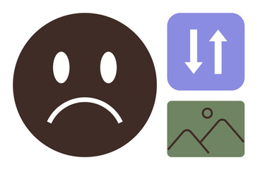 Sad face expressing negative emotions paired with data flow and landscape icons. Ideal for digital impact, emotions, technology, analysis, communication, environment, social media. A simple flat
