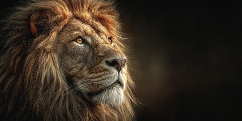 Naklejka premium Majestic lion observing its surroundings in a dimly lit environment during the golden hour of the late afternoon