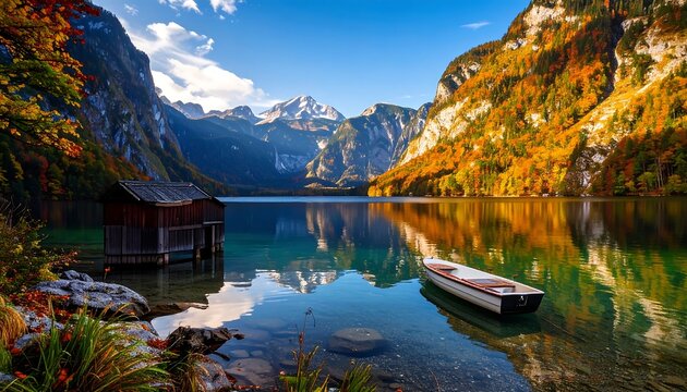 A serene mountain lake scene in autumn, featuring a wooden boathouse and a small boat reflecting the vibrant fall foliage.