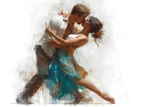 Couple engaged in passionate dance, embracing each other in a romantic moment during sunset - Powered by Adobe